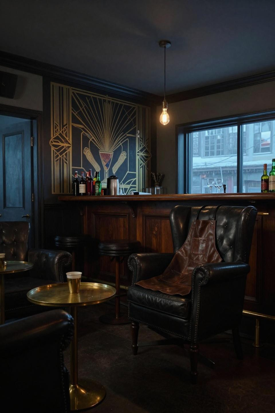 Bar Interior Design Vintage - prohibition-era vault with mahogany bar and gold leaf mural