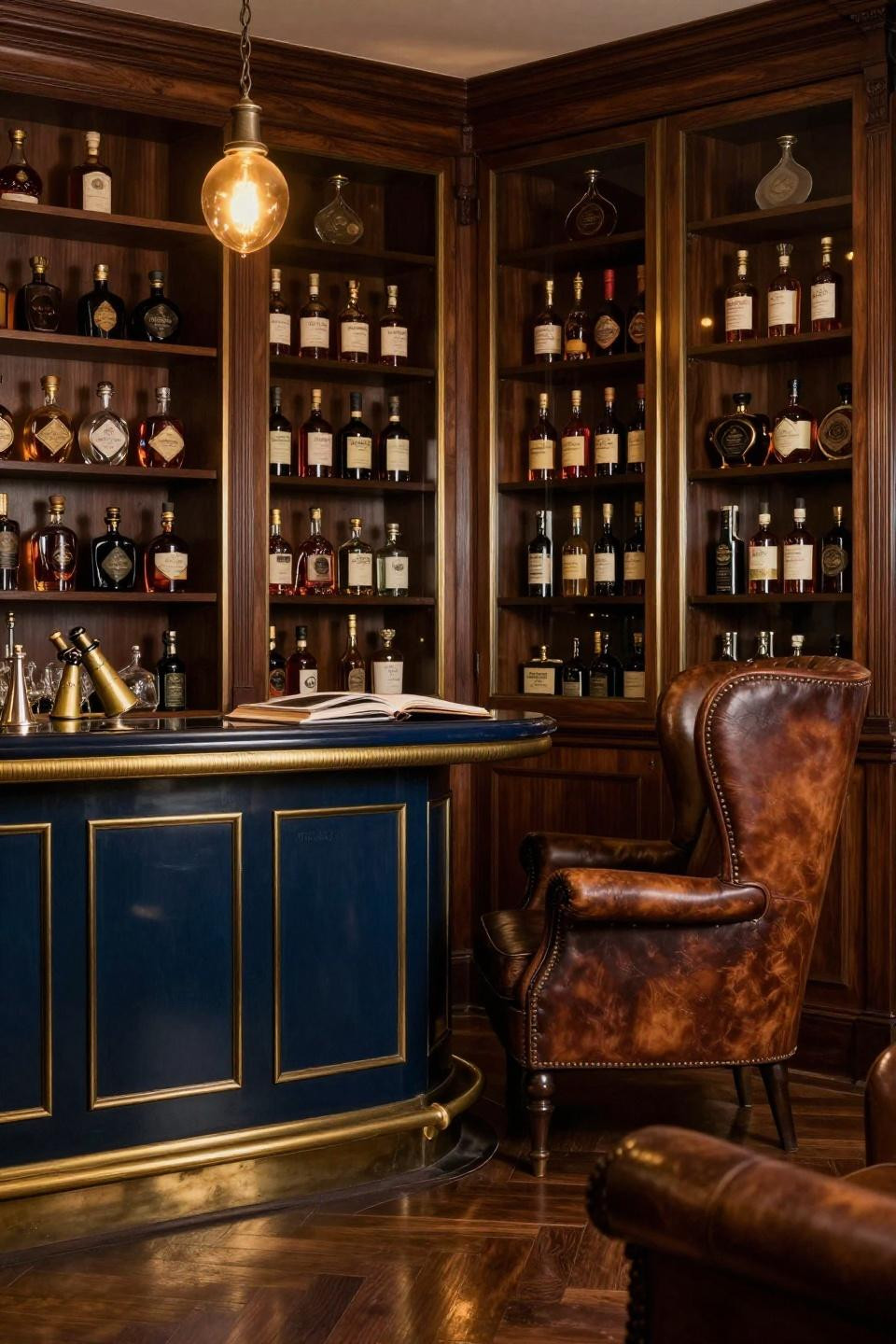 Moody Basement Bar - floor-to-ceiling mahogany with brass-trimmed glass doors