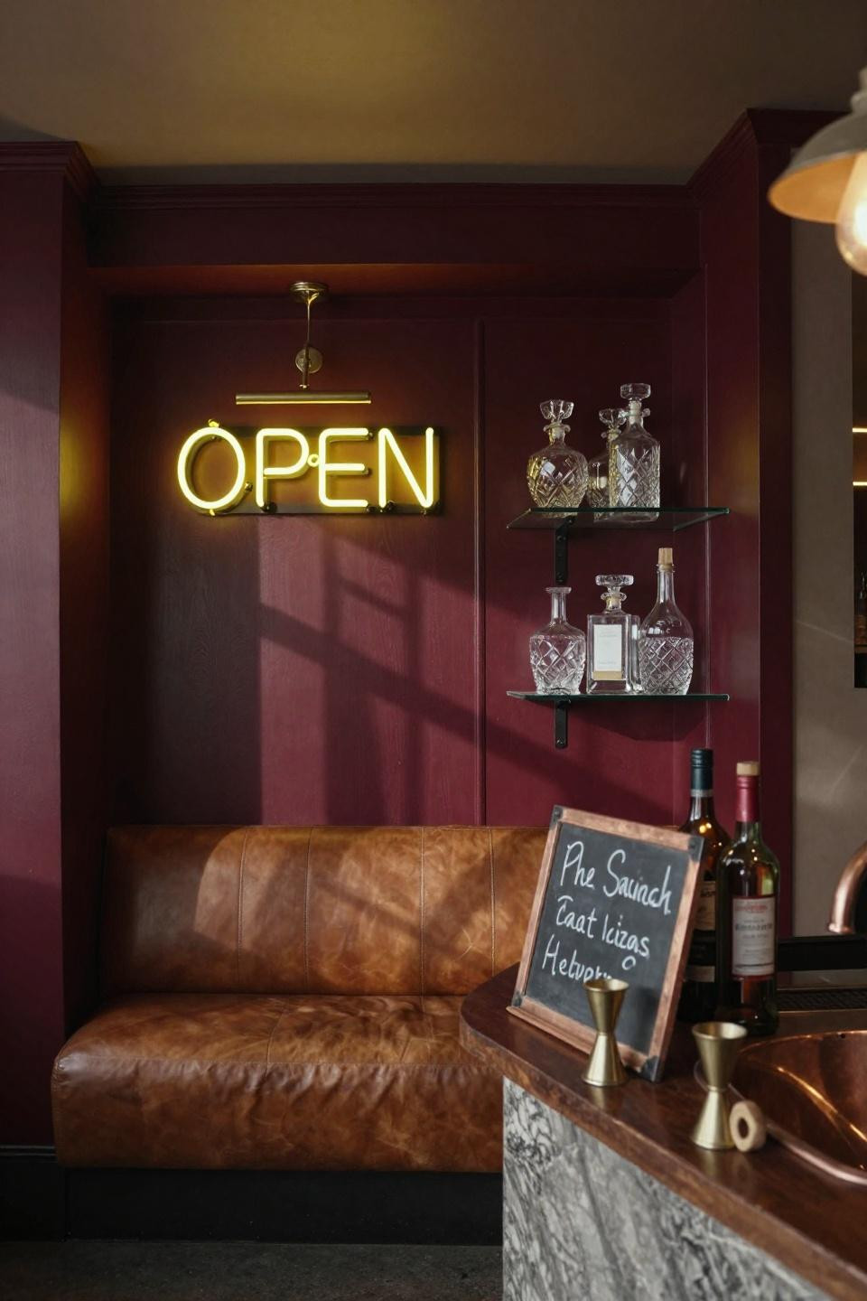 Speakeasy Bar Design - burgundy paneling with vintage yellow neon OPEN sign