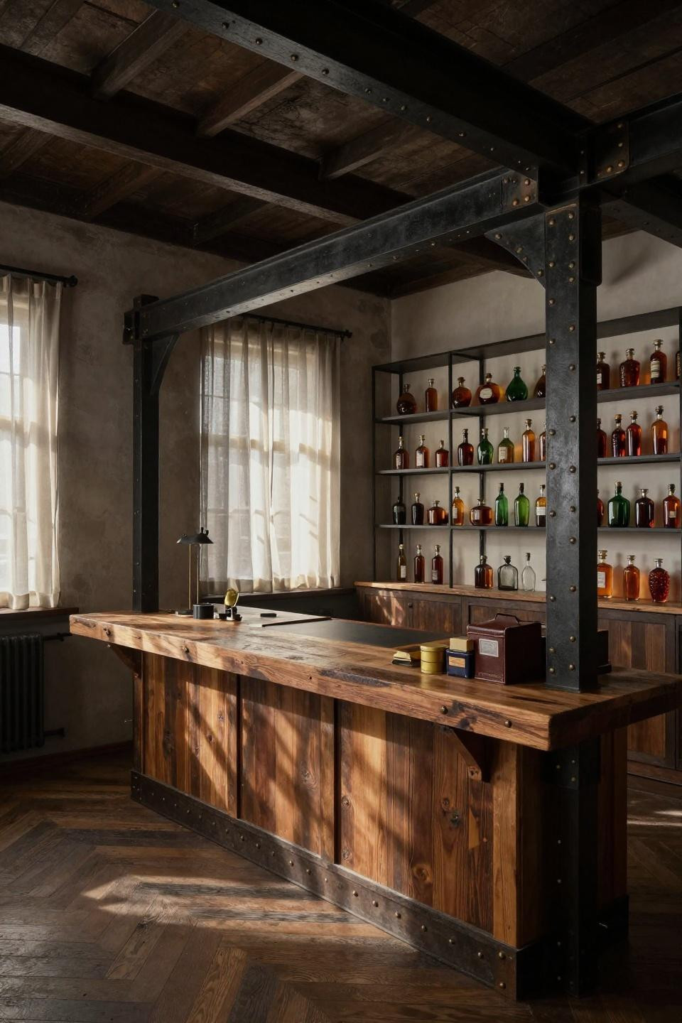 Dark Restaurant Interior - reclaimed barn wood counter with steel frame