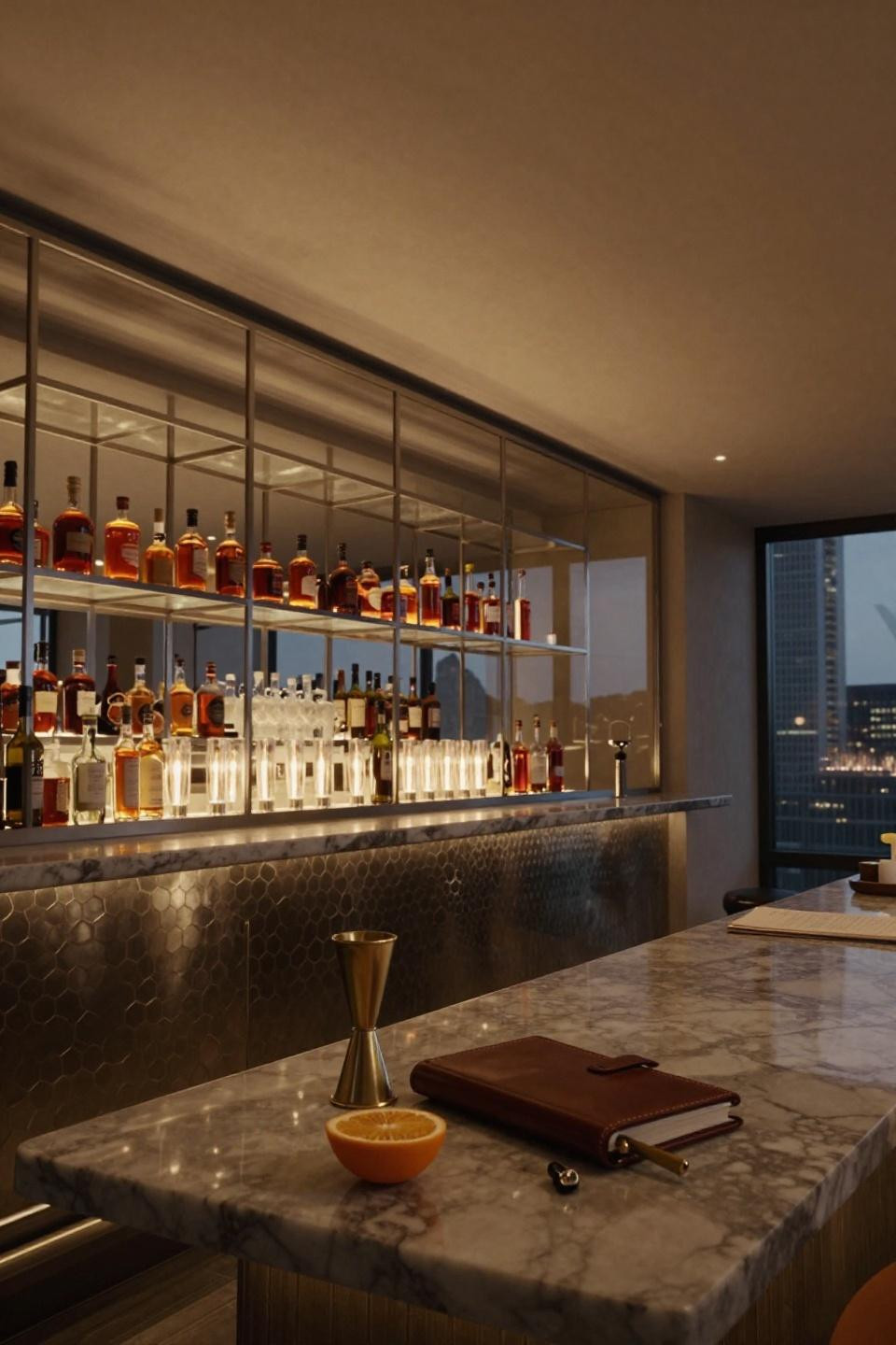 Speakeasy Bar Design - floor-to-ceiling smoked glass with backlit spirits