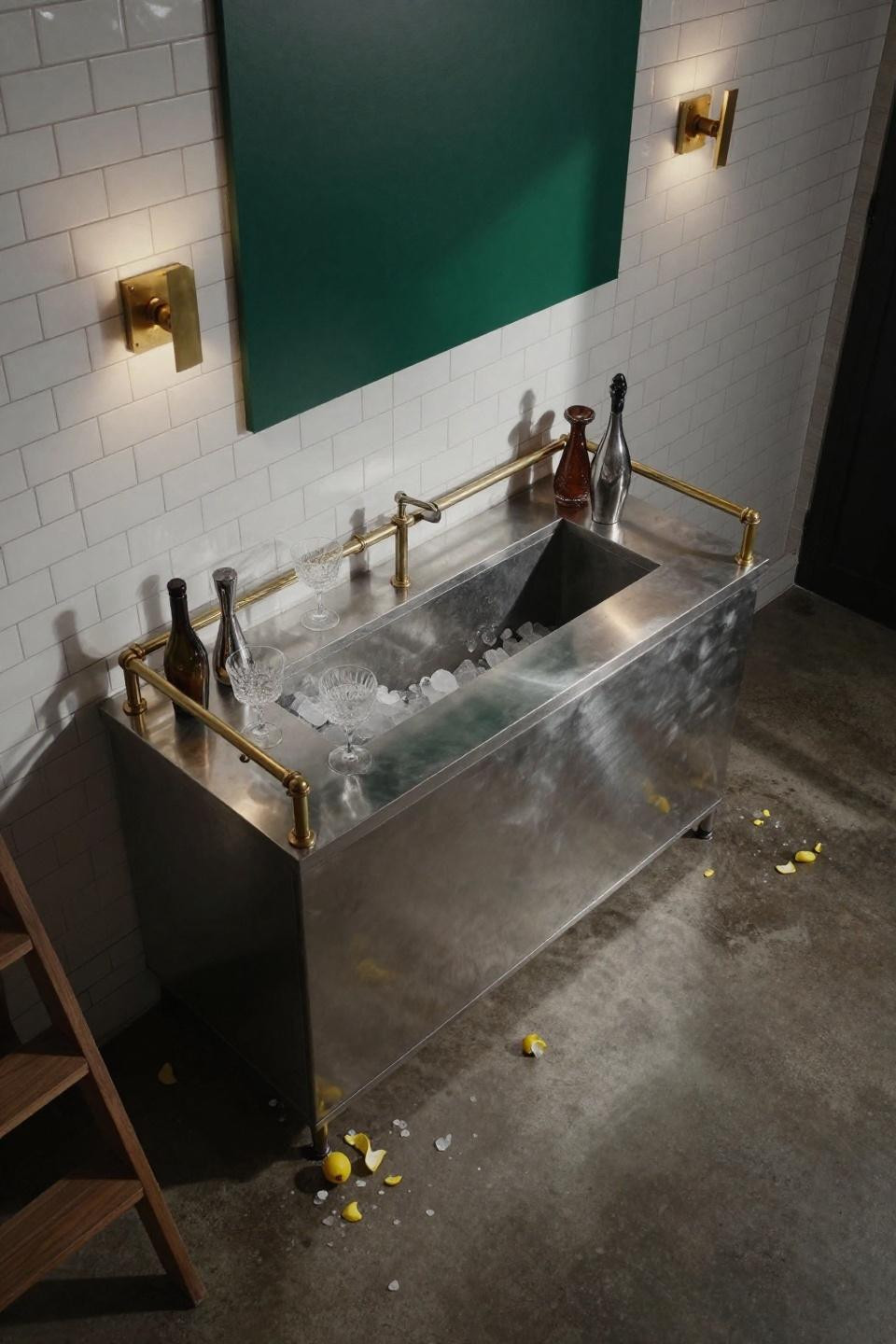 Bar Interior Design Vintage - stainless steel station with emerald accent panel