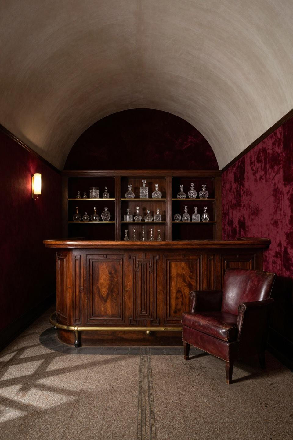 Moody Restaurant Interior - dark walnut back bar with geometric relief carvings