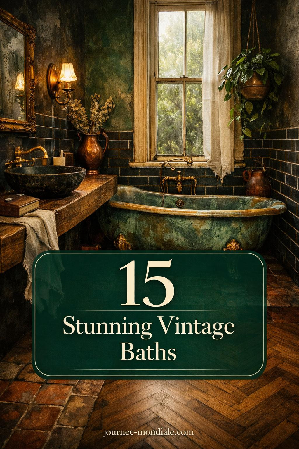 Dark moody vintage bathroom featuring black walls, white clawfoot tub, antique brass fixtures, and vintage mirror