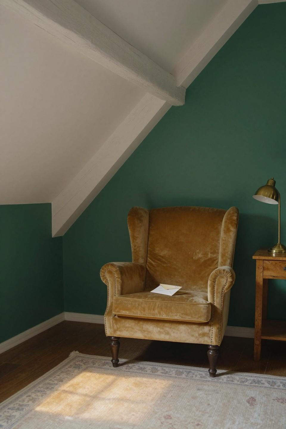 Tiny Sitting Room Ideas - mustard velvet wingback under sloped ceiling