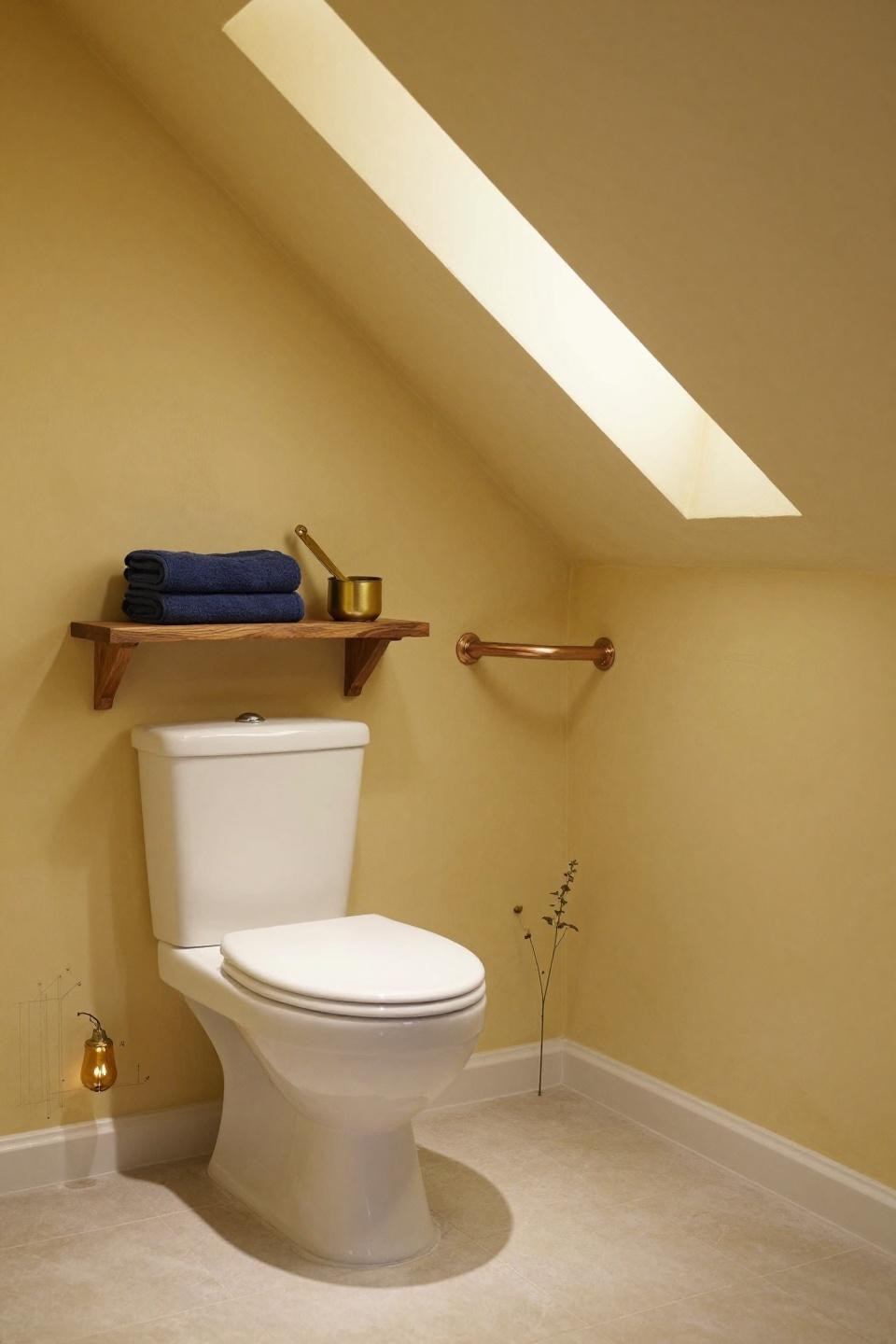 Tiny Toilet Ideas - mustard yellow under stairs