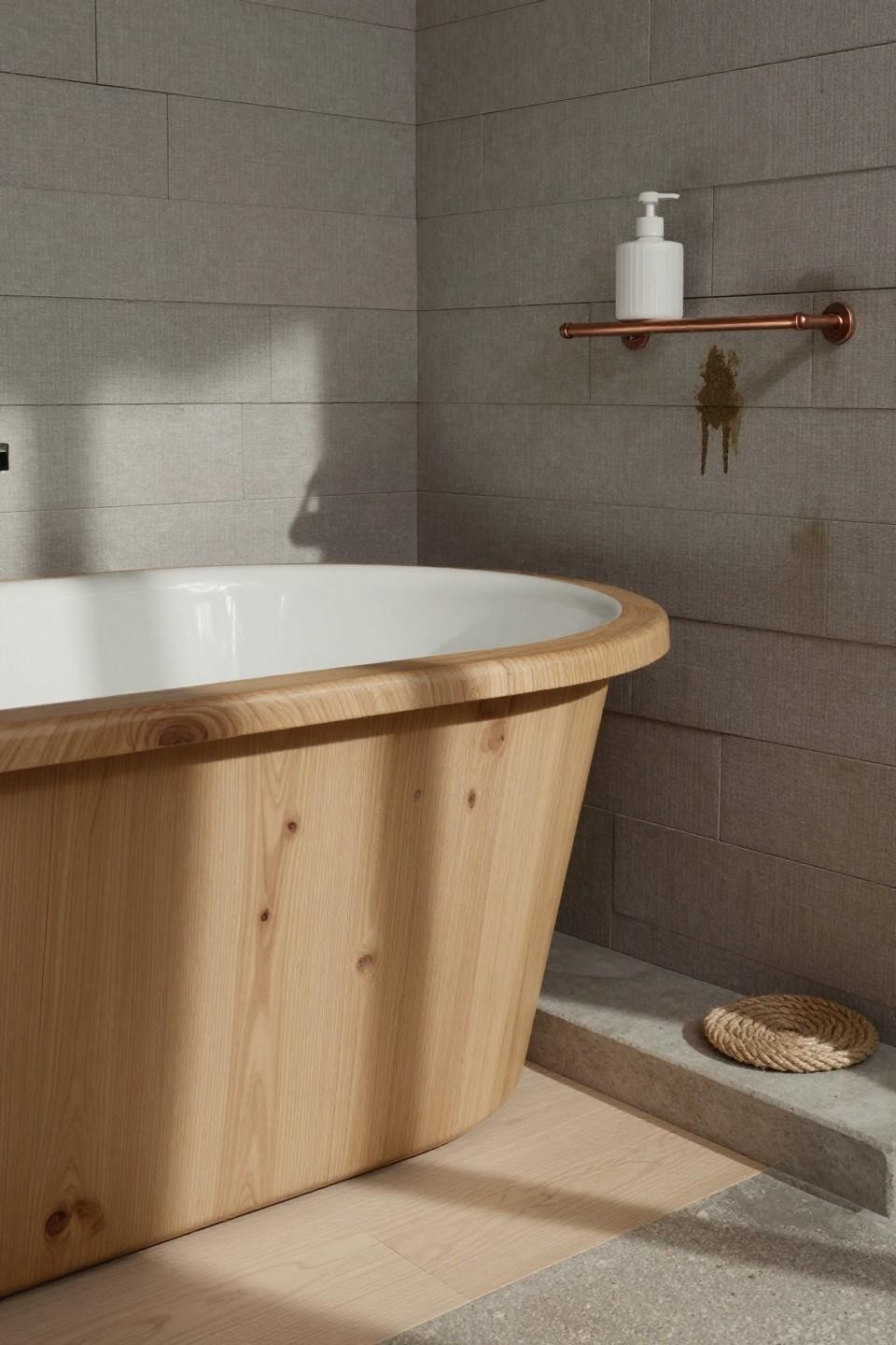 Scandinavian bathroom - thick-staved oak tub with shiplap walls
