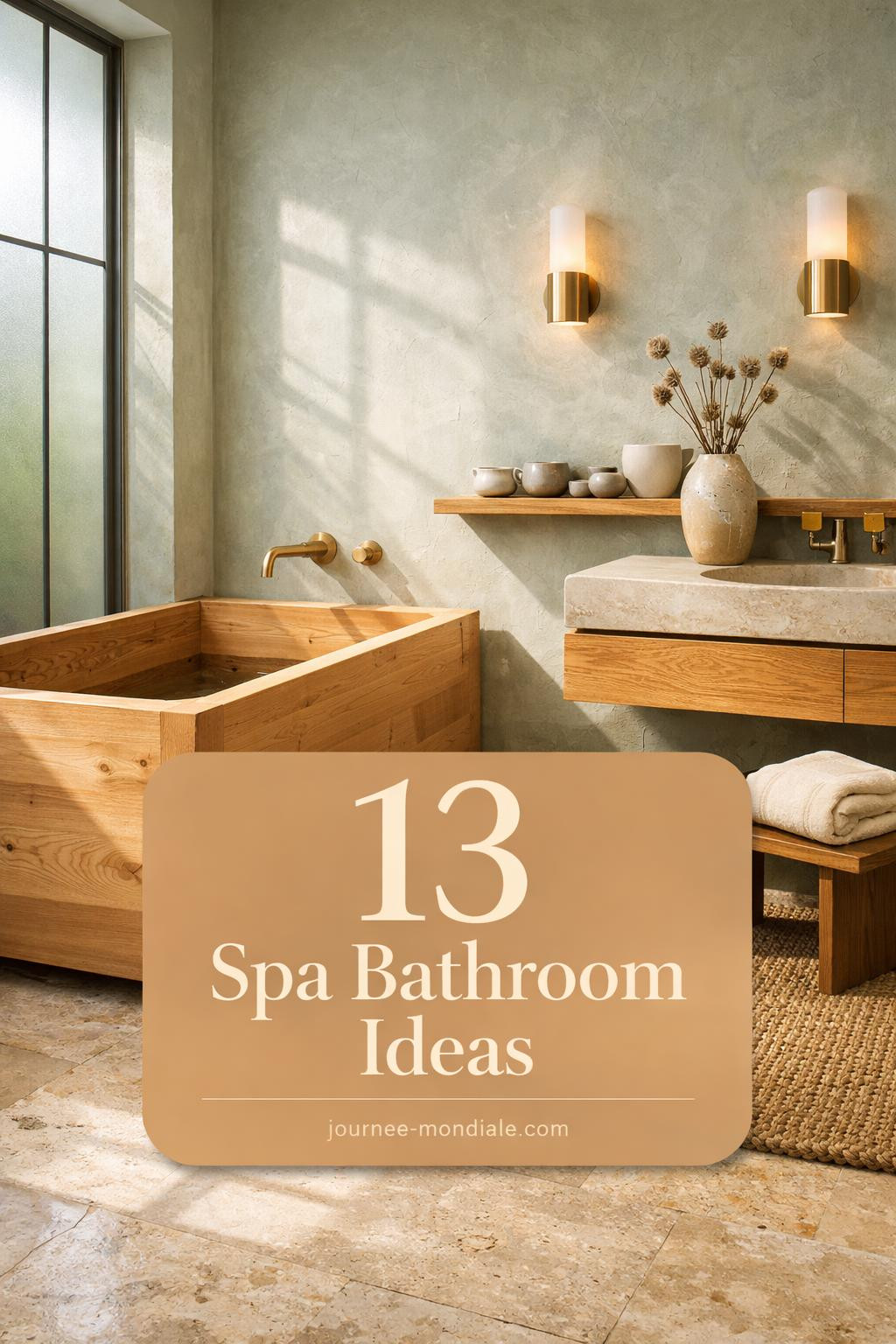 Serene Japandi bathroom featuring hinoki wood soaking tub, celadon clay plaster walls, travertine floors, white oak vanity