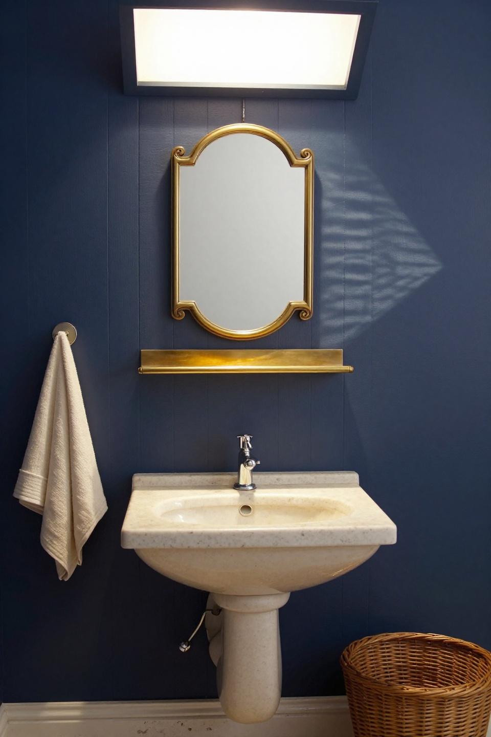 Guest Toilet Ideas - navy paneling with brass mirror