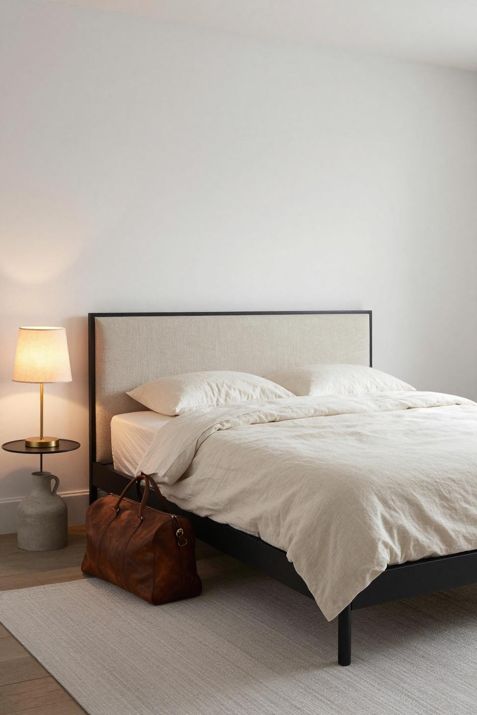 Neutral Bedroom Decor - minimalist platform bed with blackened steel frame