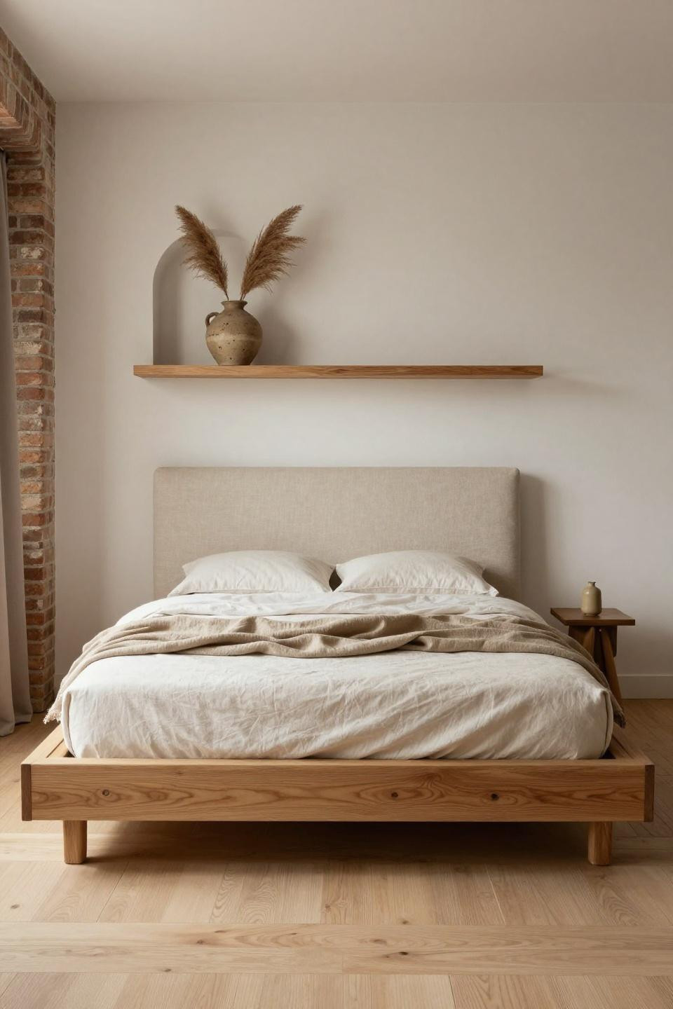 Neutral Bedroom Aesthetic - low-profile platform with olive wood storage
