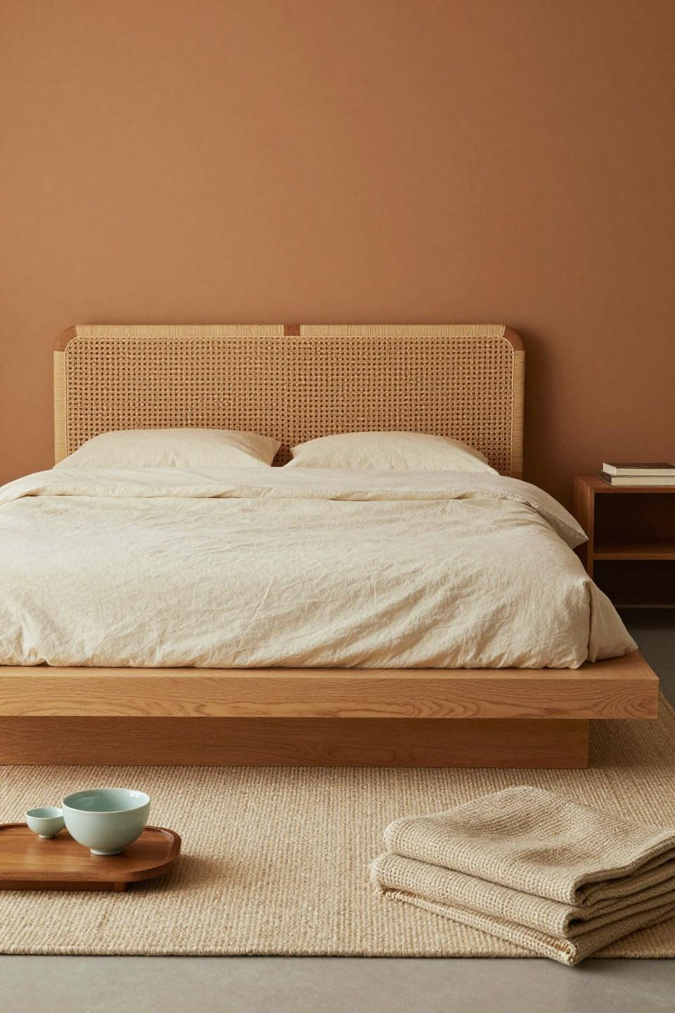 Minimalist Neutral Bedroom - tatami platform bed with rattan headboard