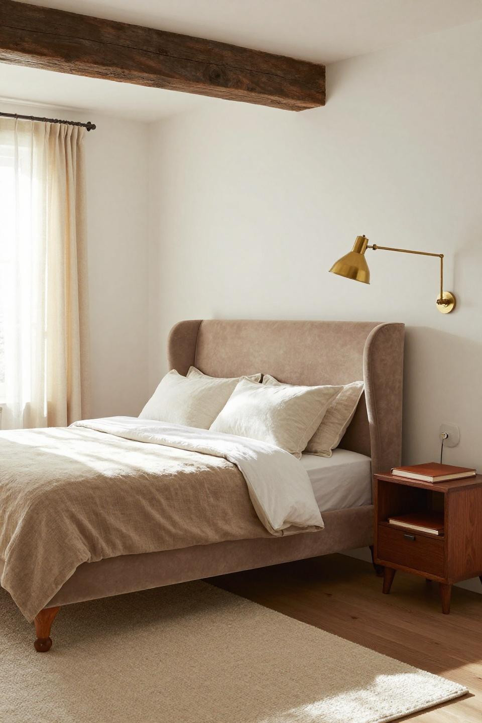 Bedroom Inspirations Neutral - taupe velvet wingback bed in cottage alcove