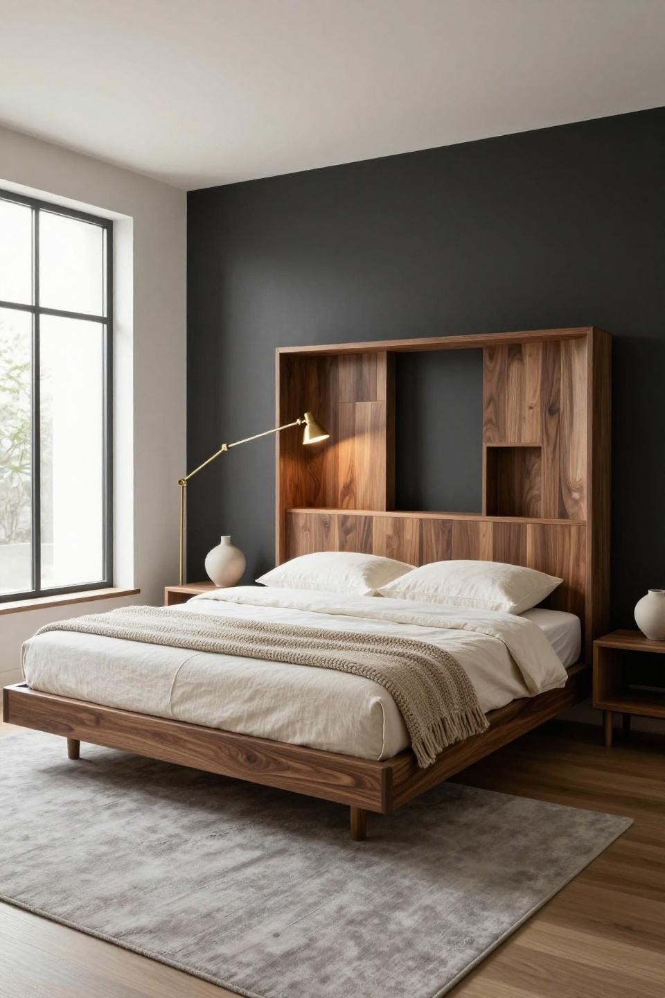 Classy Bedroom - contemporary walnut platform bed with geometric cutouts