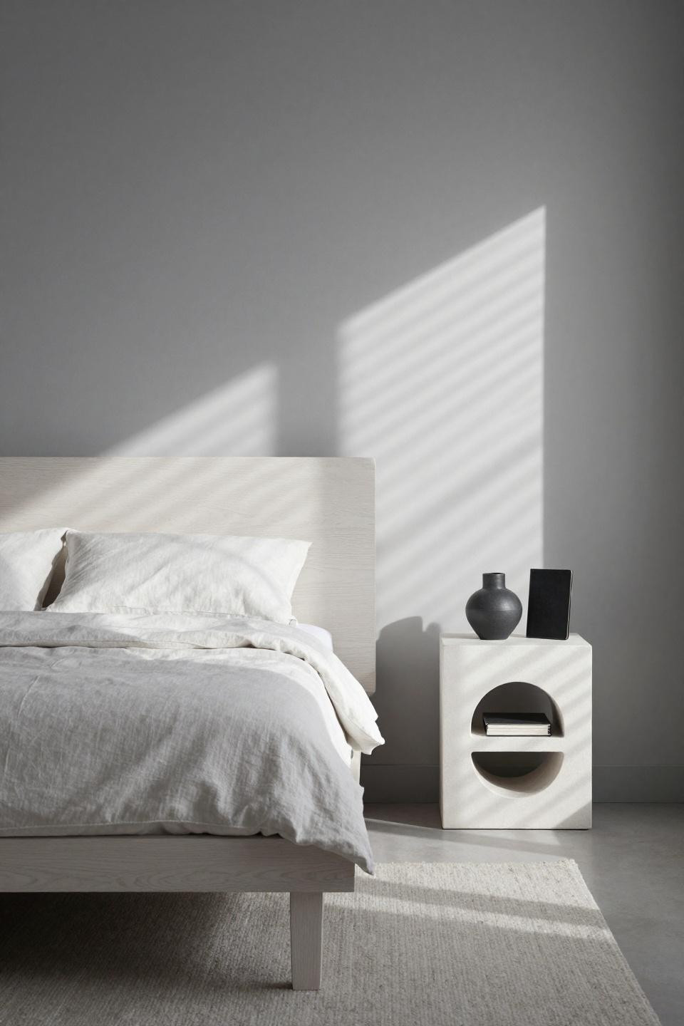 Warm Neutral Bedroom - white oak platform with concrete nightstand