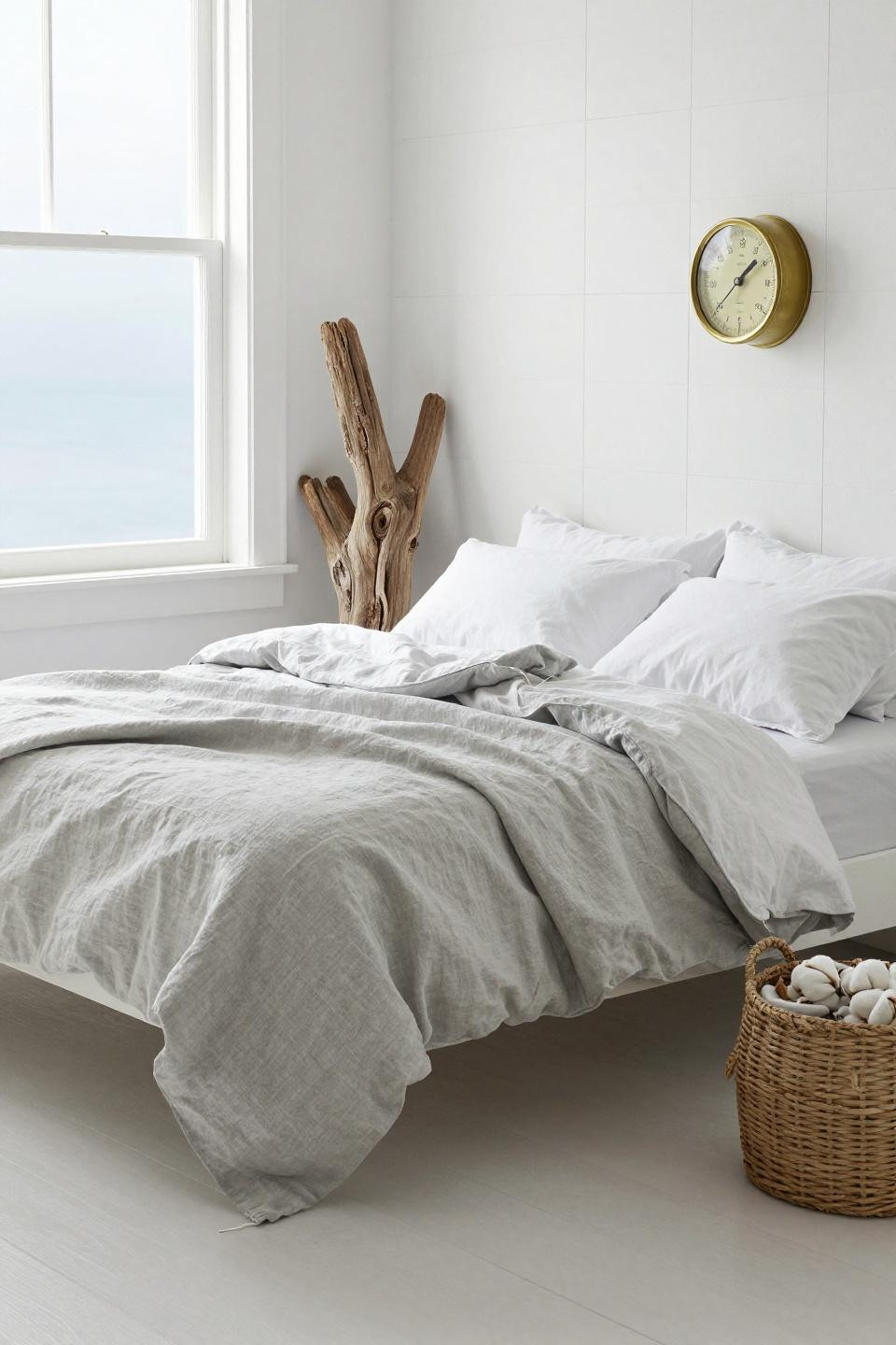 Neutral Modern Bedroom - whitewashed platform bed with bleached linen