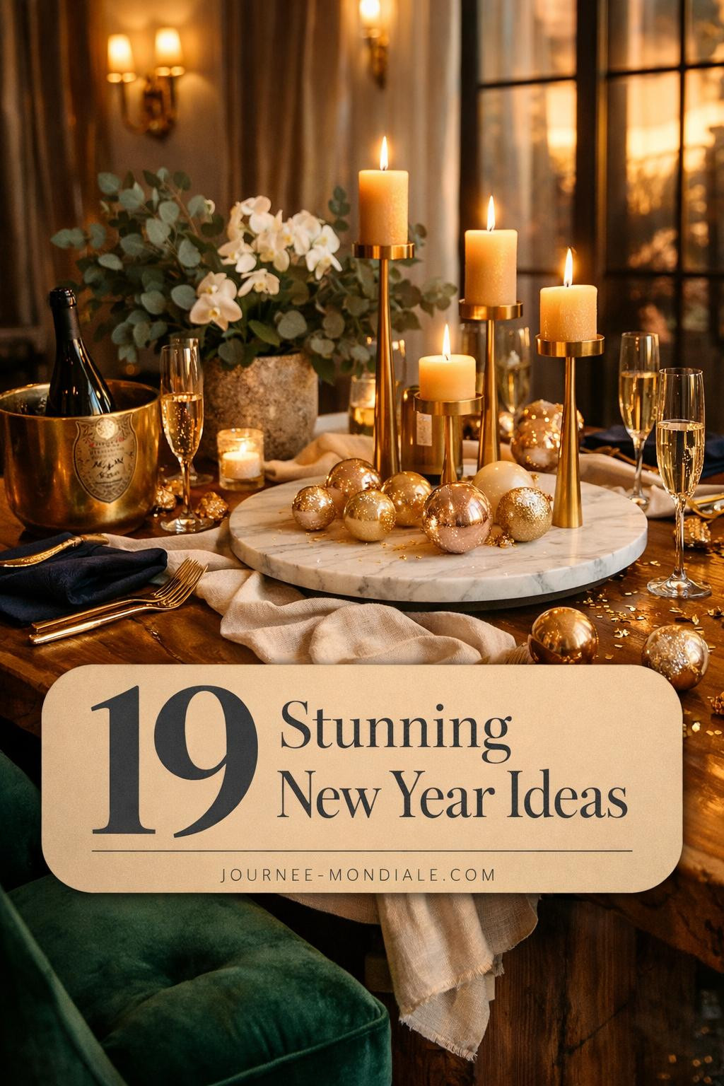 Sophisticated New Year tablescape featuring walnut dining table with brass candleholders, champagne flutes, navy velvet napkins, gold confetti, eucalyptus branches and emerald chairs