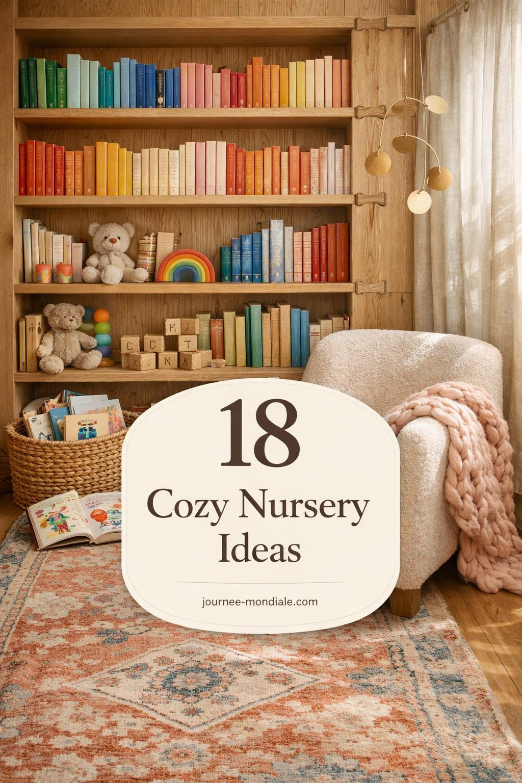 White built-in nursery bookcase with colorful children's books, plush toys, and cozy reading corner in soft pastel baby room