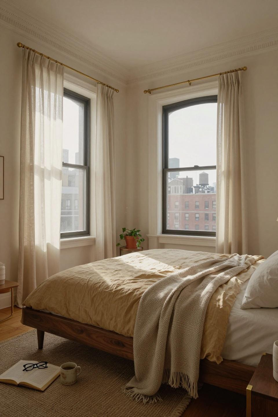 New York Apartment Aesthetic Bedroom - brownstone with steel-frame windows and brass hardware