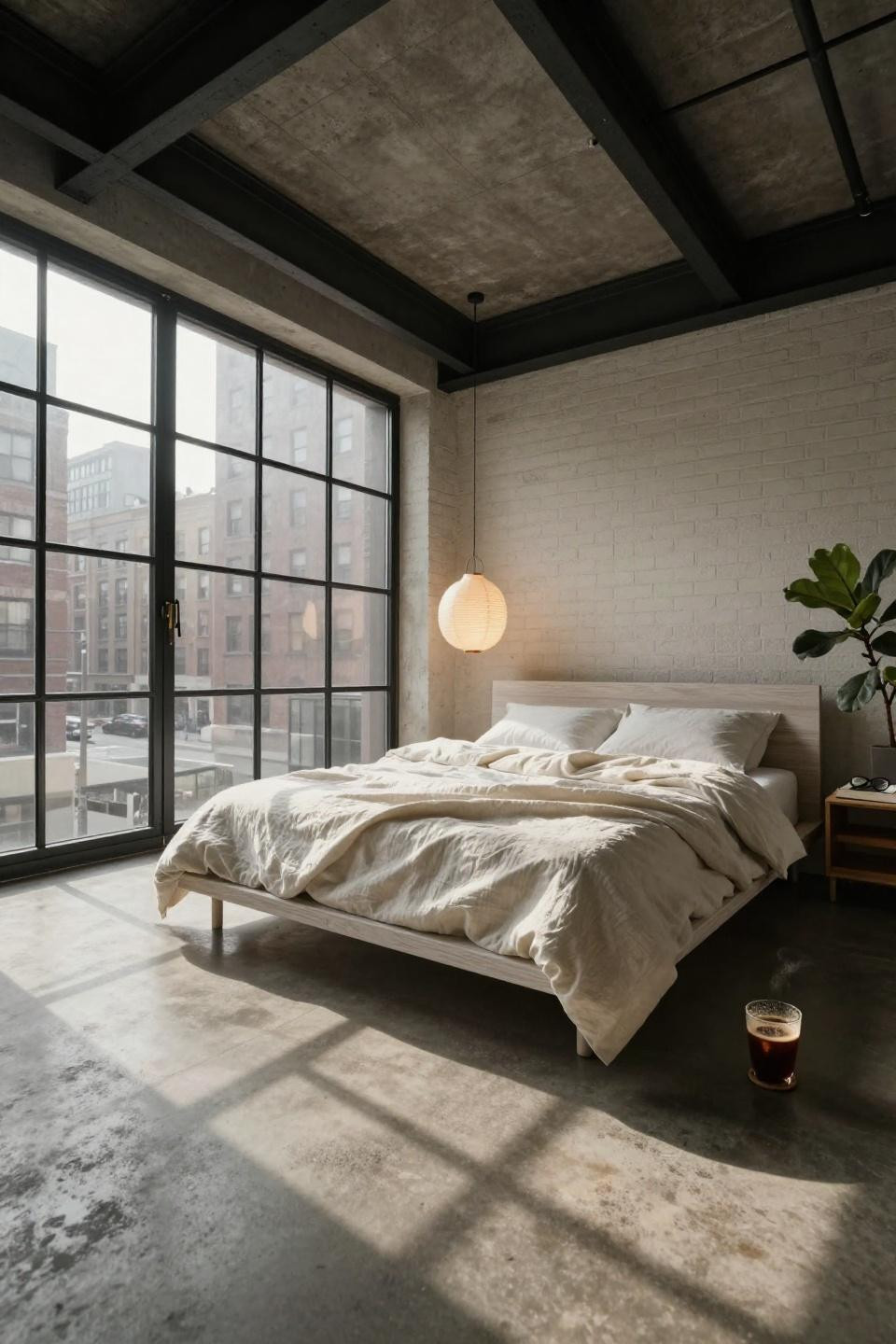 Nyc Bedroom Ideas - minimalist loft with poured concrete and steel beams