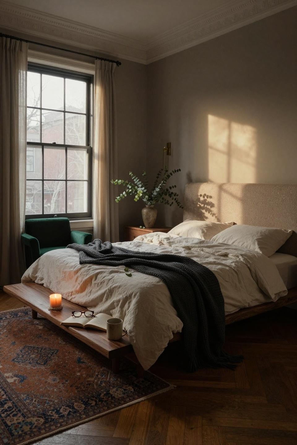 Cozy New York Apartment - pre-war bedroom with greige walls and velvet accents
