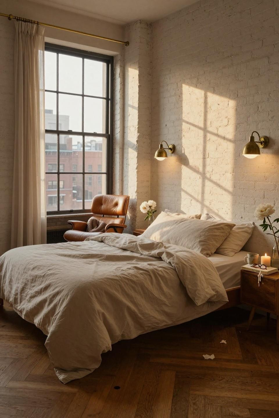 Warm Apartment Aesthetic - Tribeca loft with sheer linen and brass sconces
