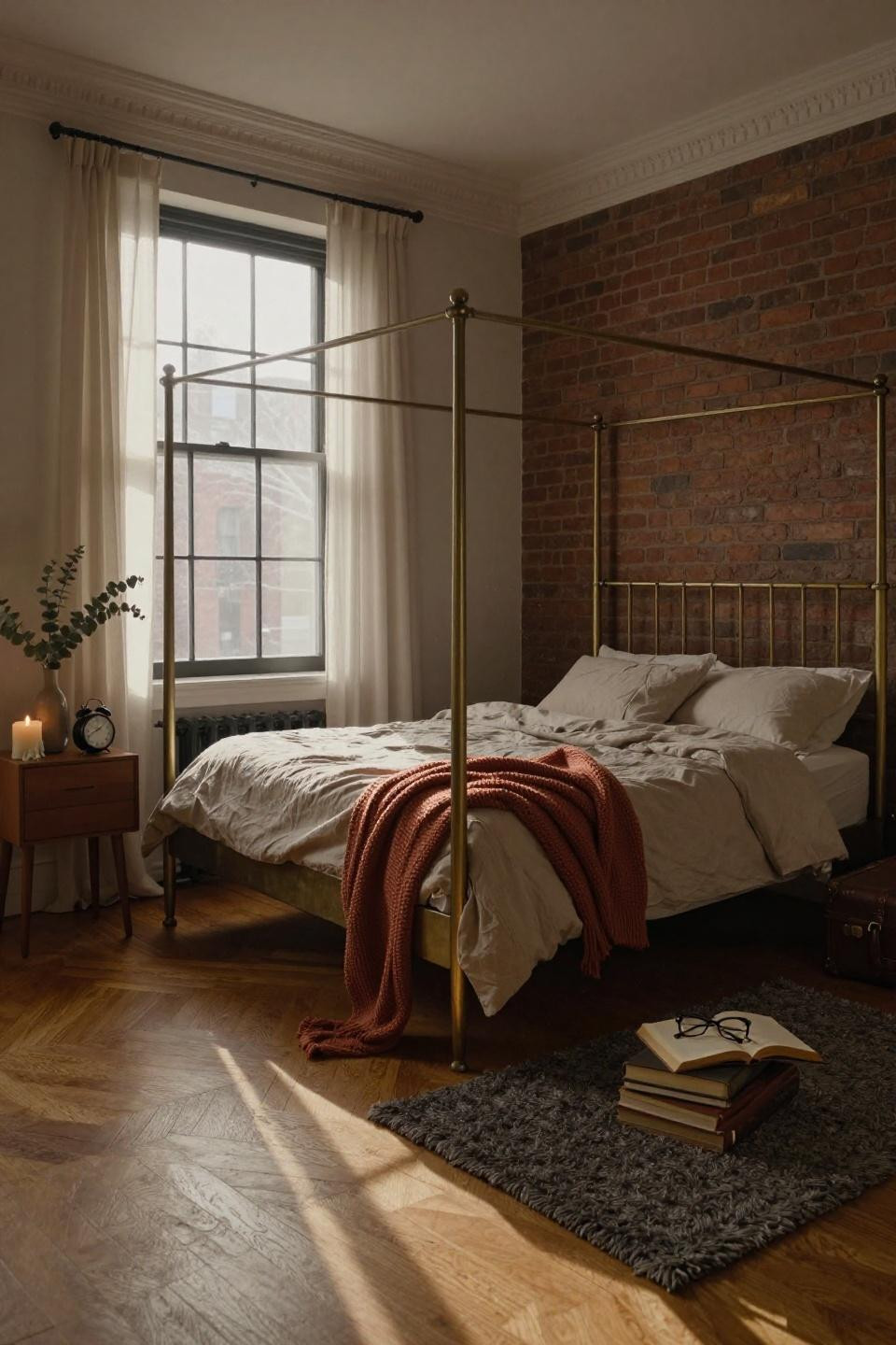 New York Style Bedroom - vintage brass bed frame with Belgian linen