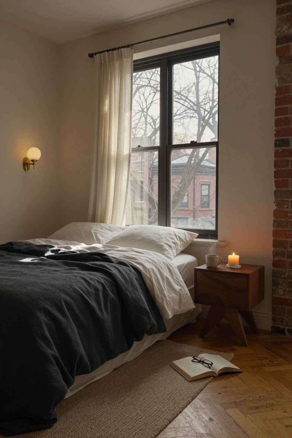 Small Nyc Bedroom - compact walkup with cream walls and brass sconces