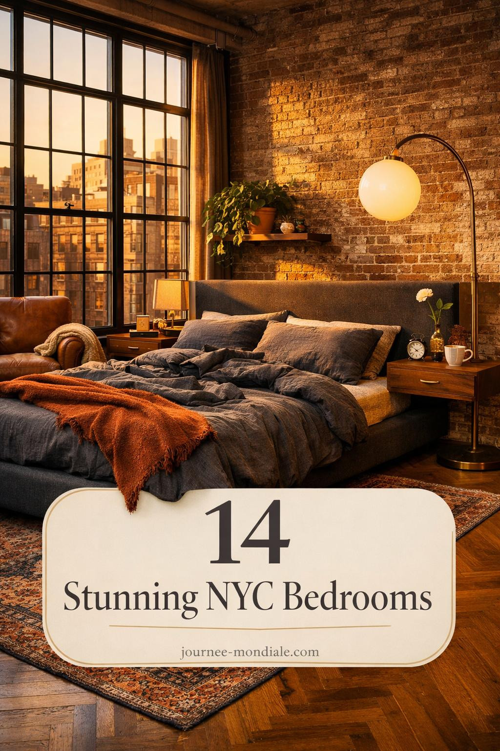 Sophisticated Manhattan loft bedroom featuring exposed brick wall, black steel windows, charcoal linen bed, cognac leather chair, honey oak herringbone floors, and warm terracotta accents