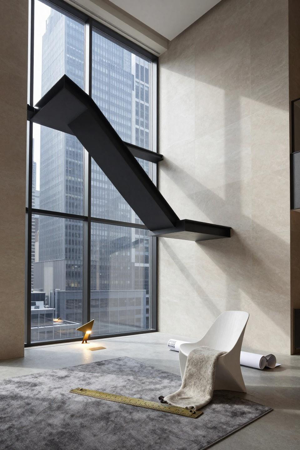 Dark Penthouse - floating steel shelves against limestone wall
