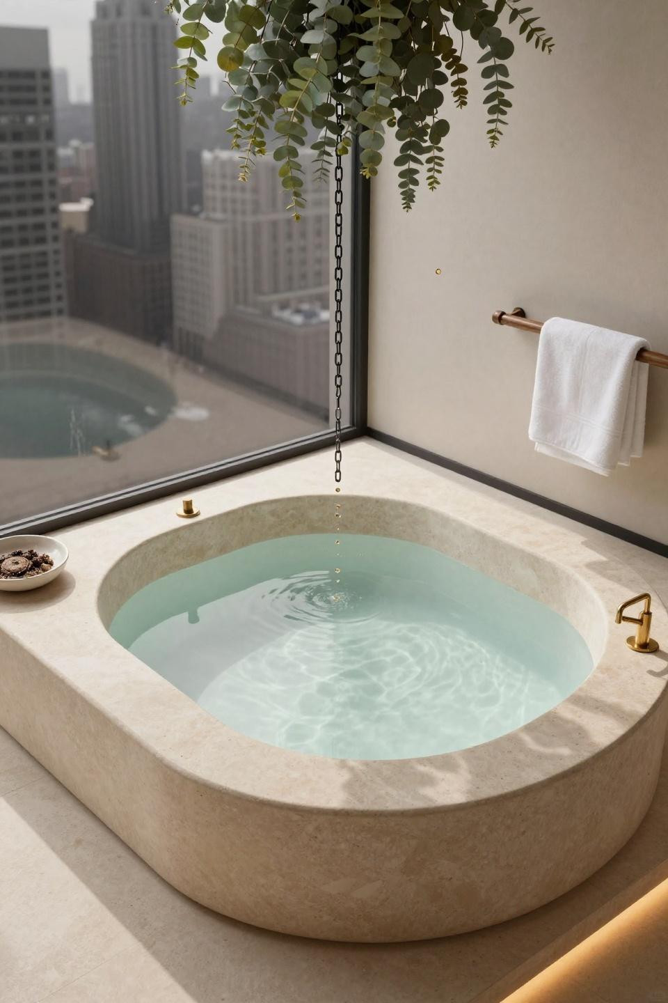 Cozy Penthouse Apartment - limestone soaking tub with brass fixture