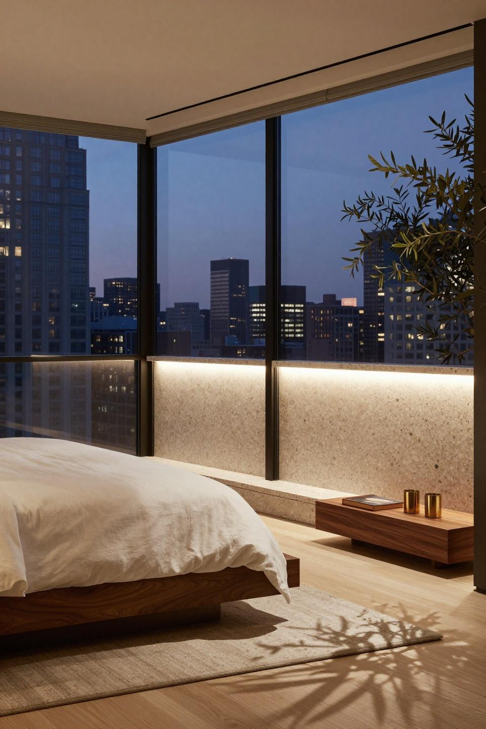 Manhattan Apartment Luxury - cantilevered walnut nightstand with terrazzo headboard