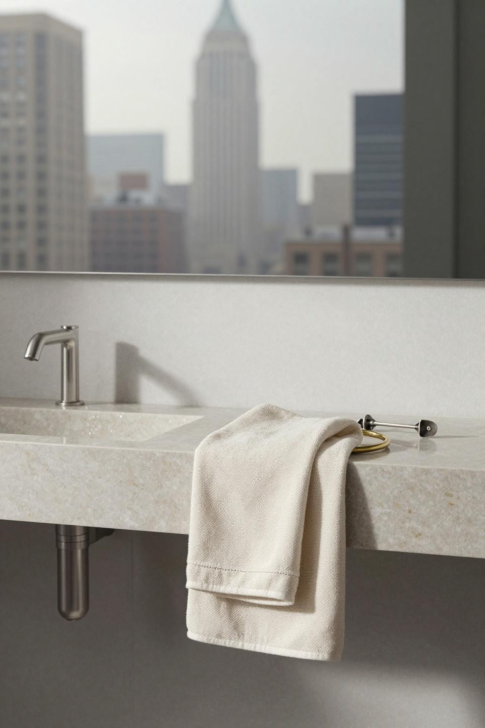 Luxury Penthouse Aesthetic - minimalist travertine console with shadow detail