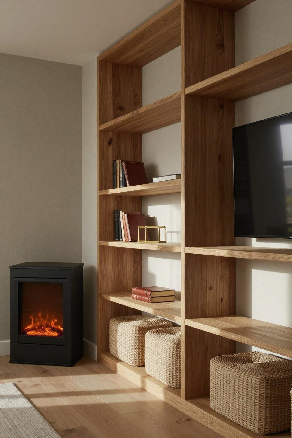 Living Room Tv Fireplace Wall Ideas - natural oak shelving twelve cubbies