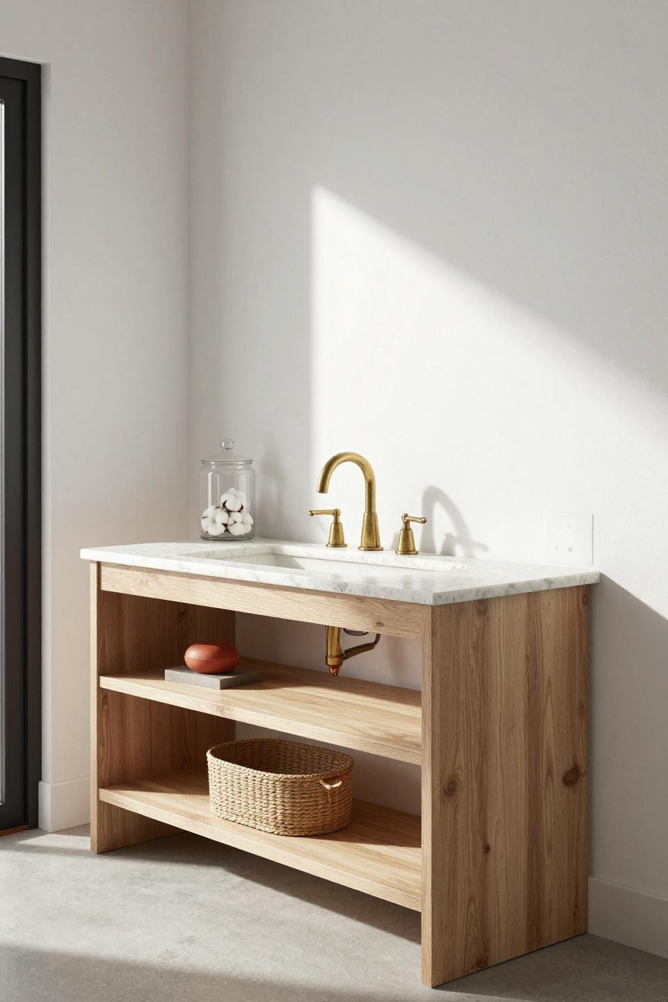 Bathroom Cabinet Ideas - oak vanity with exposed shelving and travertine