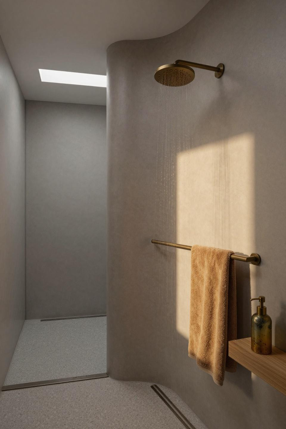 Open Shower Bathrooms - curved terrazzo alcove with brass fixtures