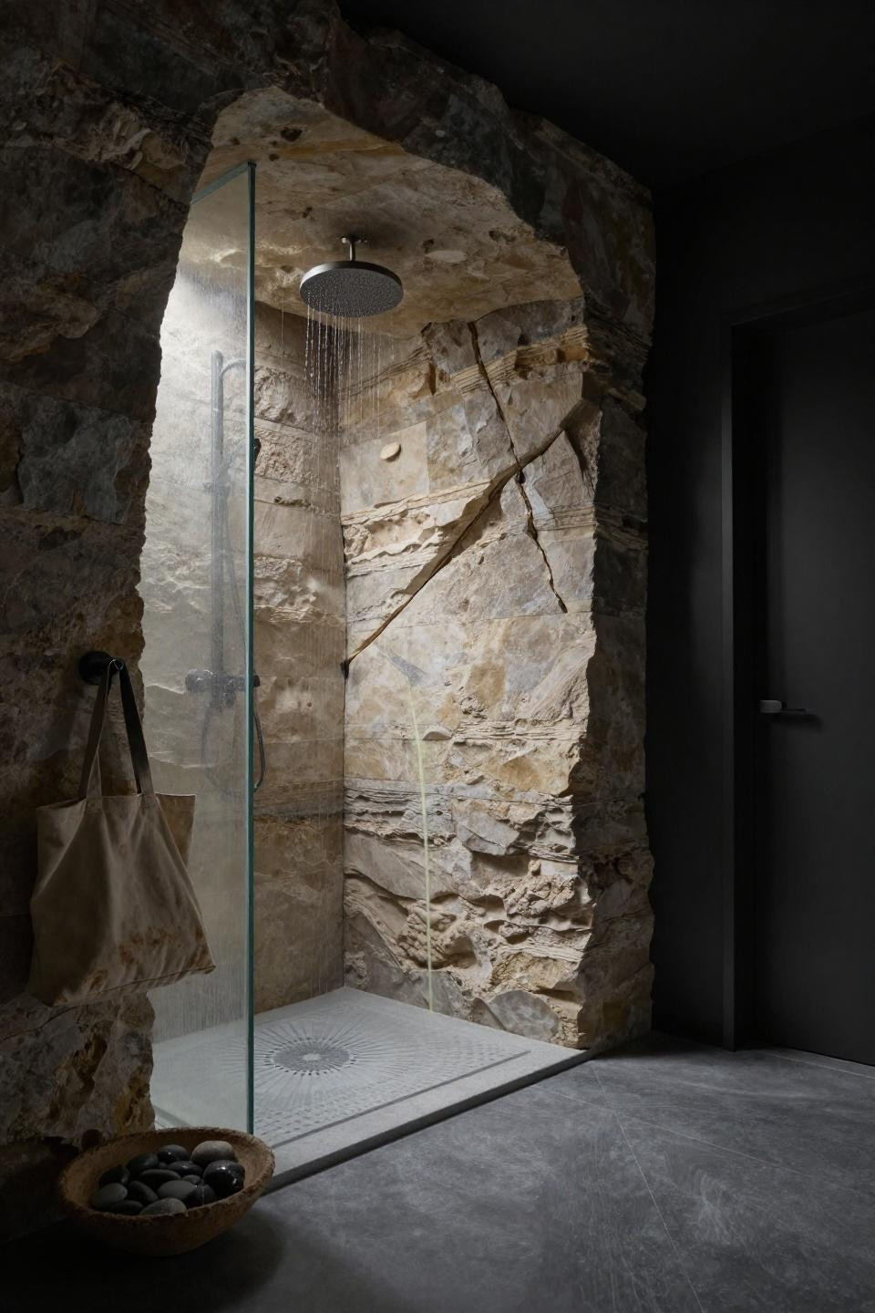 No Glass Shower Walk In - raw limestone layers with fault line