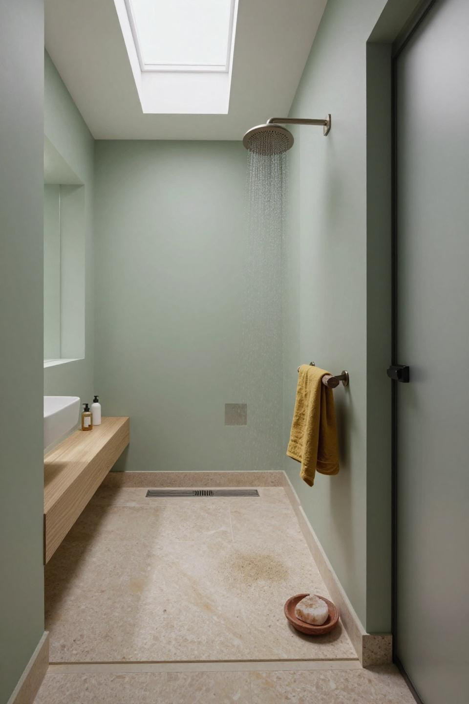 Zero Entry Shower Ideas - sage limewash floating oak bench