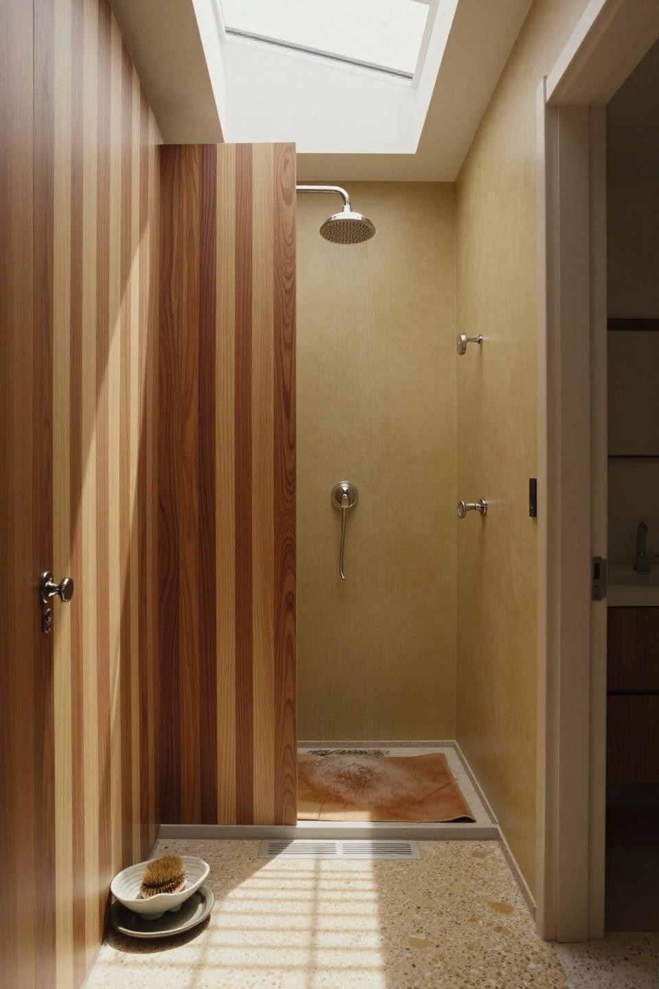 Doorless Showers Walk In - angular walnut slat wall with terrazzo