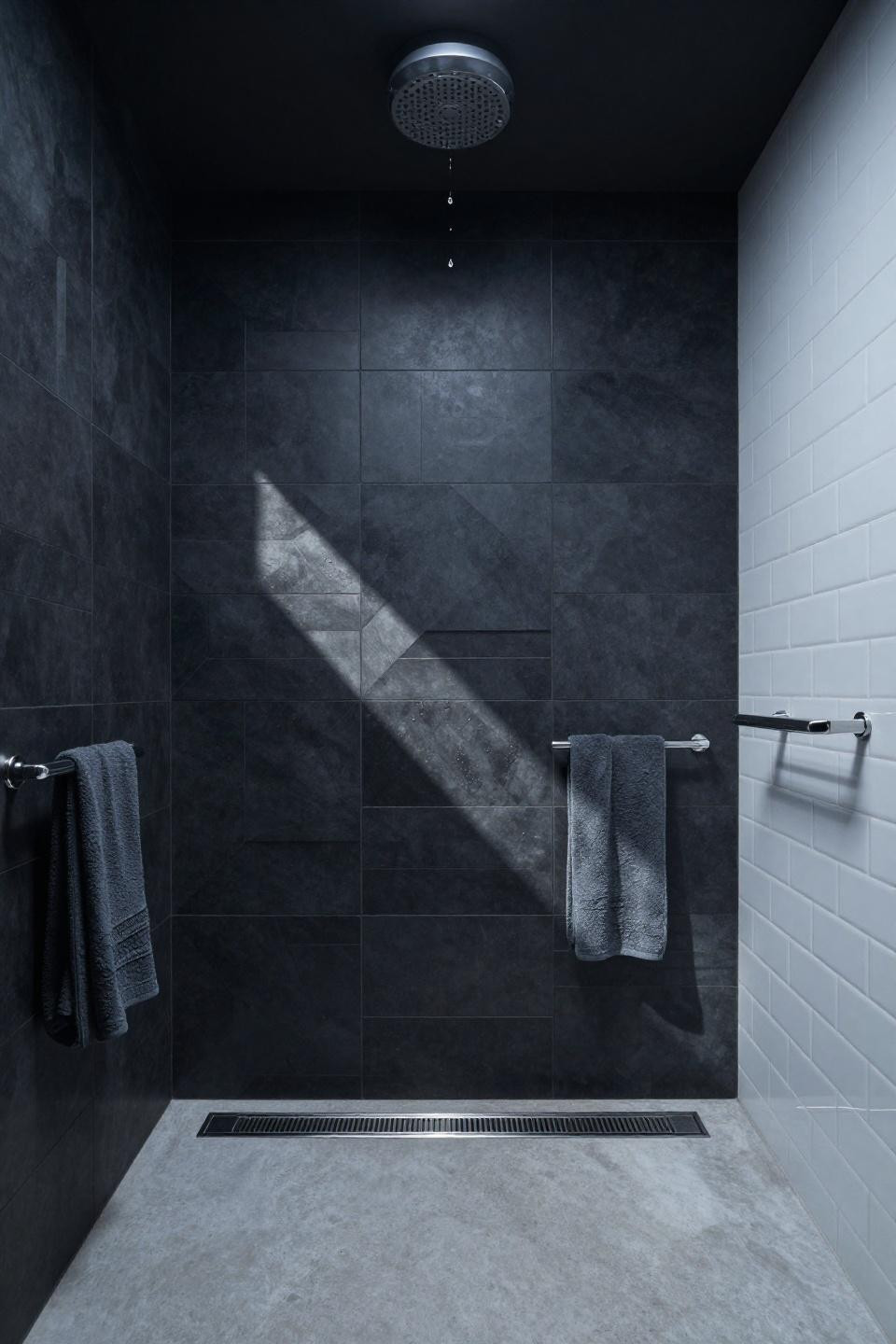 Open Shower Bathrooms - floor-to-ceiling geometric relief tile