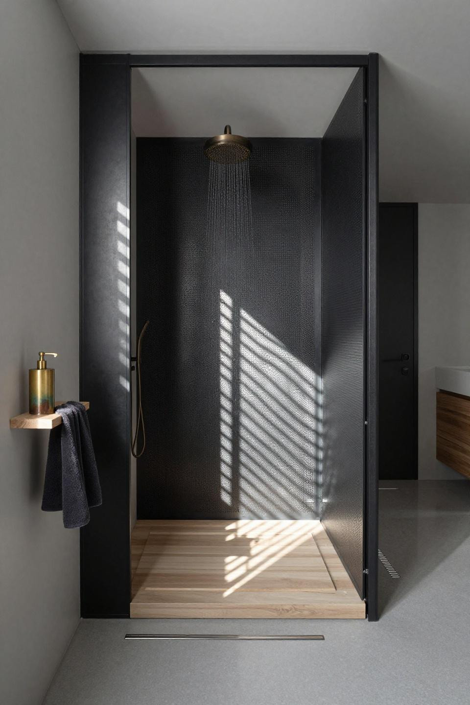 Doorless Shower Design - split-level steel frame with ash platform