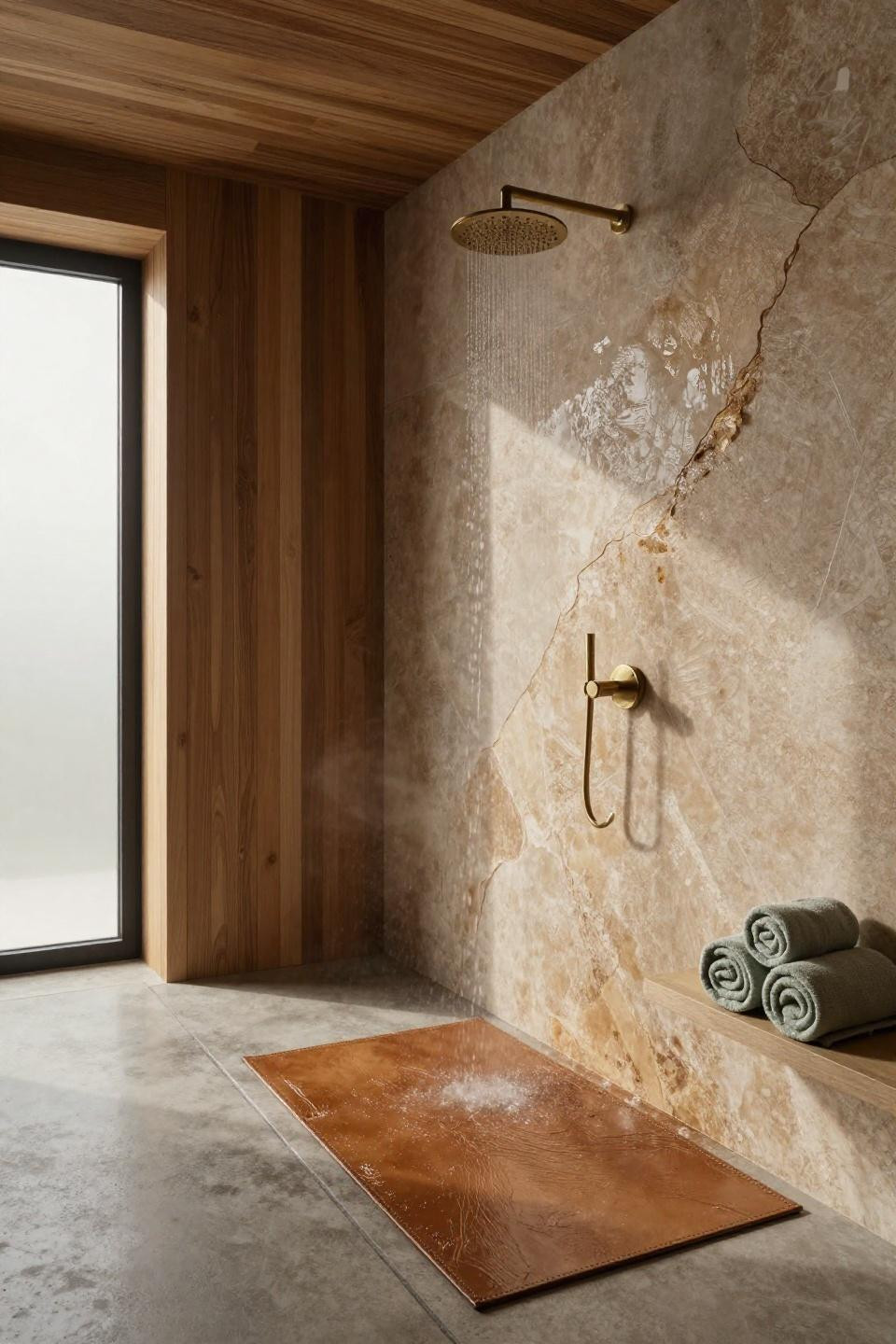 No Glass Shower Walk In - natural stone water wall cedar accent