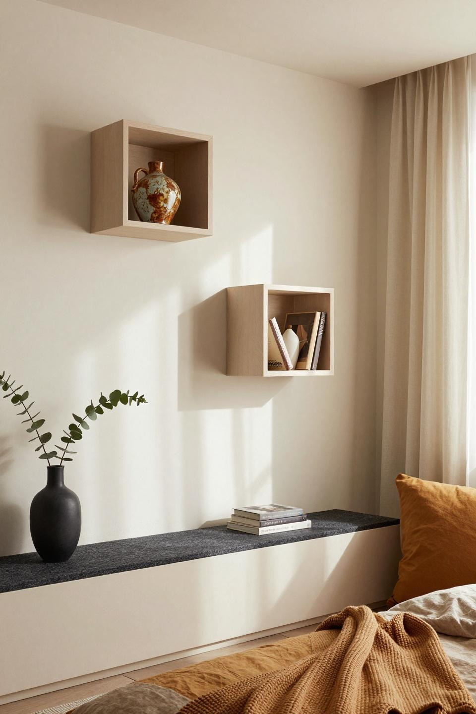 Guest Bedroom Ideas - sculptural curved ash headboard with asymmetric storage