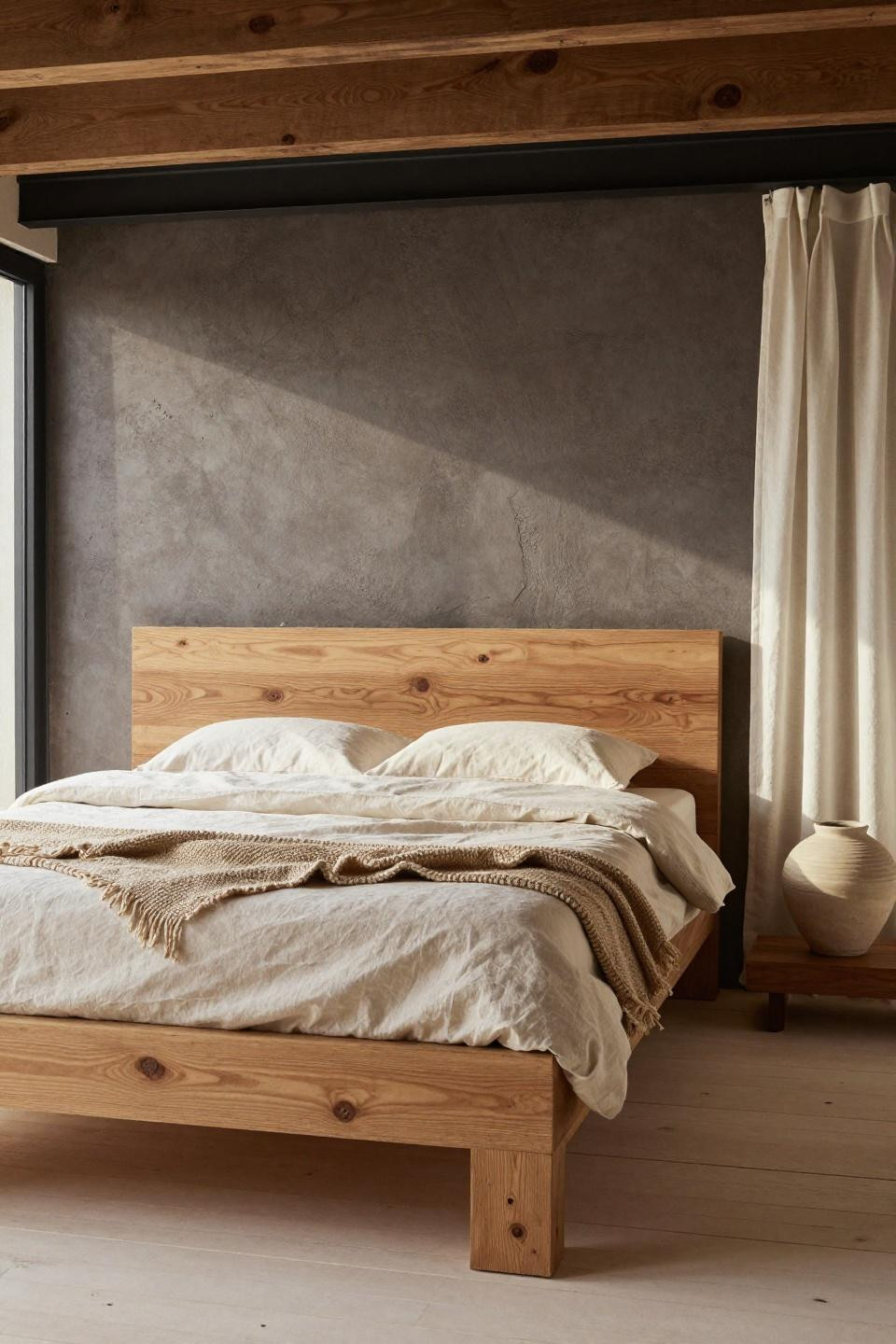 Organic Modern Bedroom - sculptural raw oak platform against clay terracotta wall