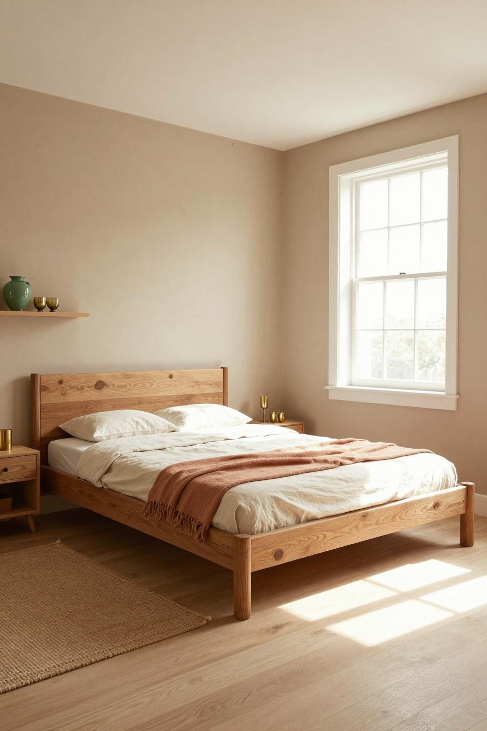 Earth Tone Bedroom - reclaimed oak platform with hand-chiseled joinery