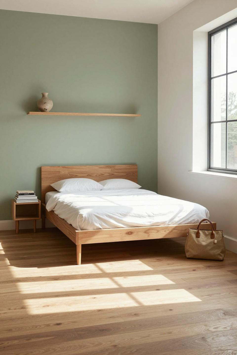 Warm Bedroom Aesthetic - minimalist teak platform against sage green wall