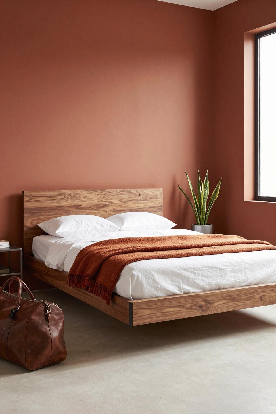 Modern Earthy Bedroom - sculptural walnut platform extending from terracotta wall