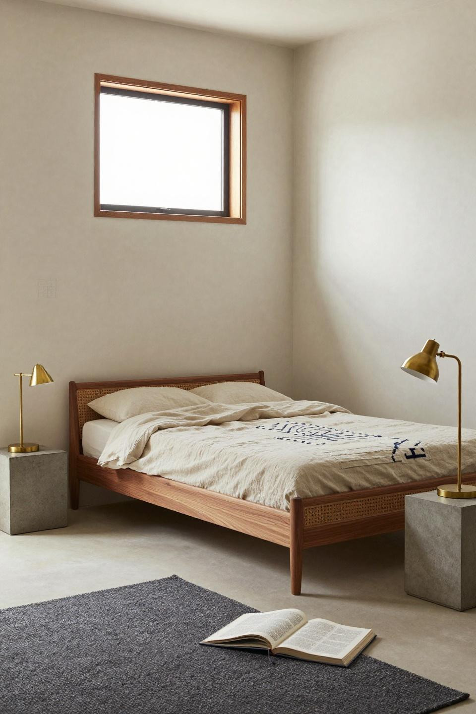 Organic Modern Bedroom - low-profile slatted walnut bed with clerestory window