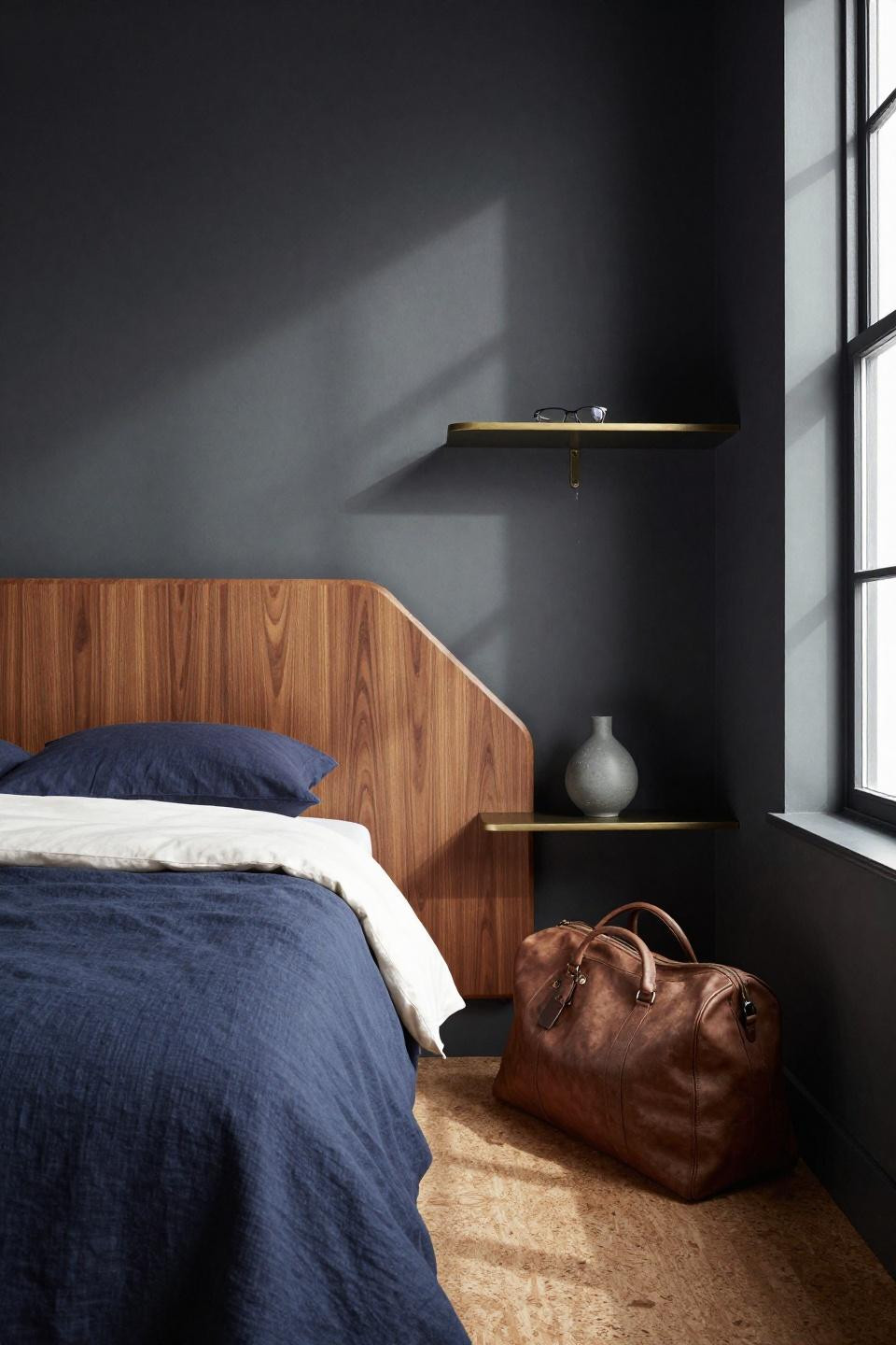 Organic Bedroom Decor - curved walnut headboard with integrated brass shelving