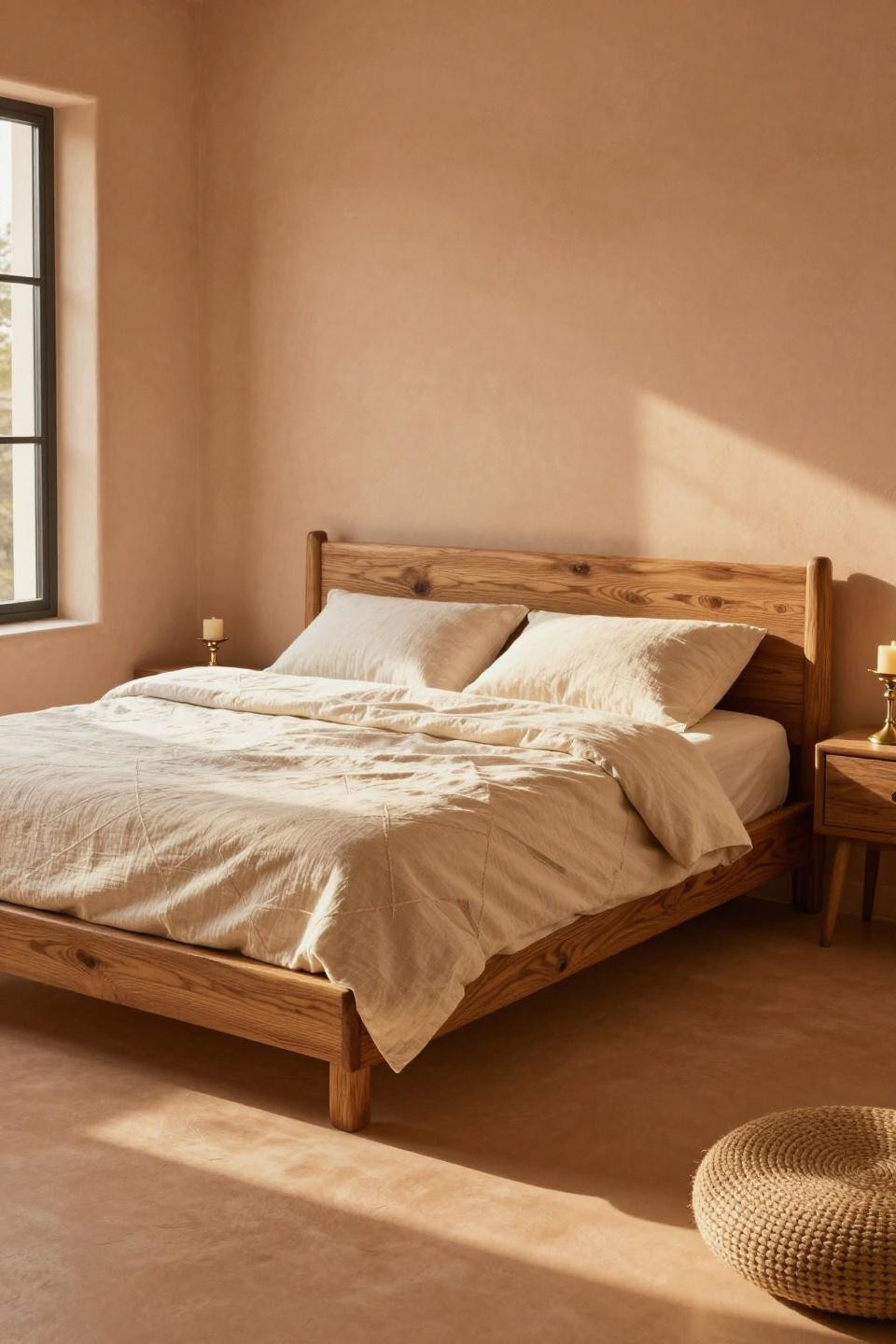 Modern Boho Bedroom - low pine platform bed with linen posts